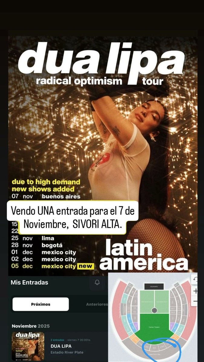 VENDO UNA ENTRADA PARA DUA LIPA EL 07/11🎟
- Sivori Alta
- La vendo al mismo precio que la compré! ( No puedo ir por eso)🙏
-Cualquier consulta al MD✉️

#DuaLipa #DuaLipaArgentina #RadicalOptimismTour #RadicalOptimismTourArgentina #ROTArgentina