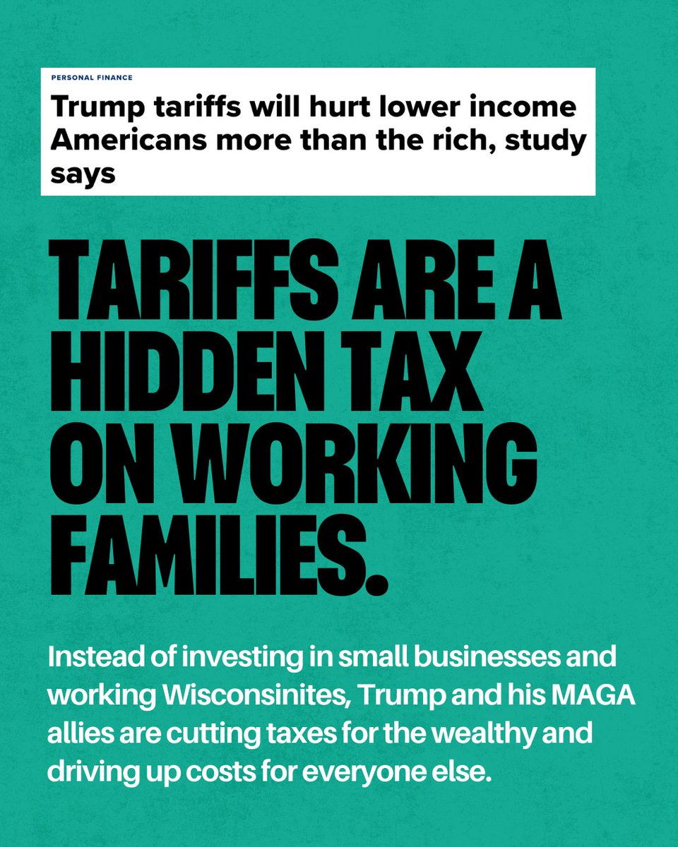 WImegaphone's tweet image. A new study shows that MAGA&apos;s tariffs will disproportionately hurt lower income Americans compared to the wealthy few.

Instead of supporting working families, WI Republicans are backing a failing economic agenda that puts billionaires over everyday Wisconsinites

@ForOurFutureWI