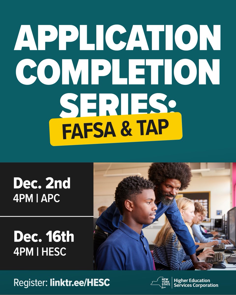 December's almost here which means the Holiday Season is upon us!

Take advantage of our two Application Completion Series events for FAFSA and TAP on Dec 2nd with @apcnewyork and with HESC on 16th.

Get the help you need completing your FAFSA and TAP!
linktr.ee/HESC
