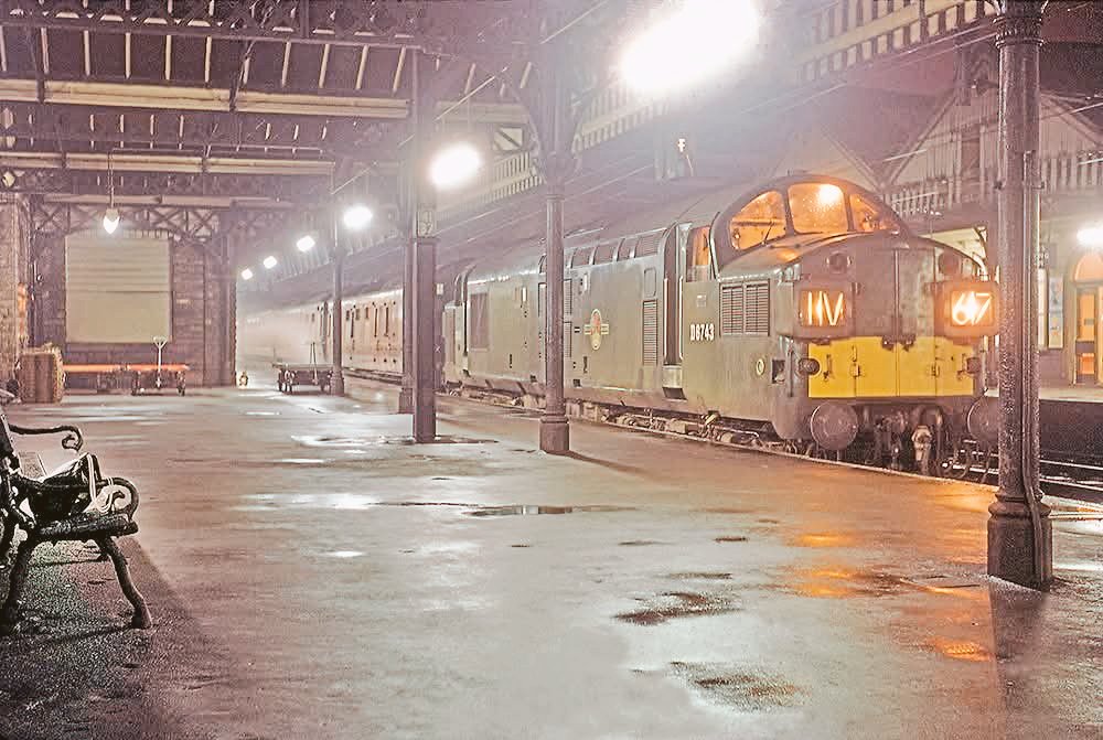 A night-time image captured at Sheffield Victoria station on 9th April 1966.  

English Electric Type 3 (Class 37) no. D6743 is at the head of a train bound for Swindon.  

© Geoff Warnes.
