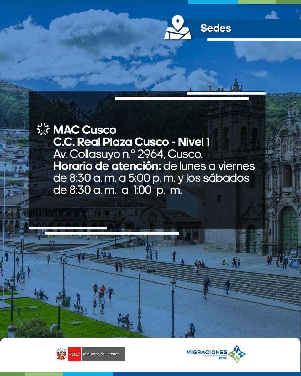 ¡Atención, toma nota! ¿Estás en #Cusco y necesitas realizar algún trámite migratorio? Aquí te decimos dónde puedes encontrarnos y los servicios que tenemos para ti:

✅ Emisión de pasaportes
✅ Toma de datos biométricos
✅ Orientación al usuario
✅ Entrega de Carné de Extranjería