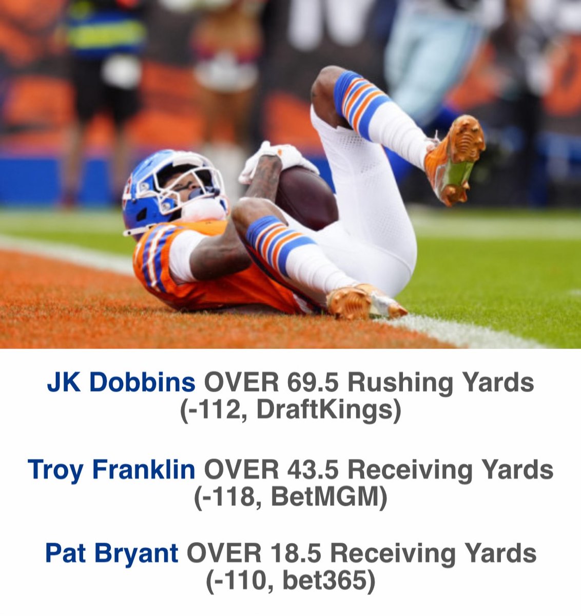 The <a href="/CommishFilmRoom/">The Commish</a> shares his favorite props for Thursday Night Football

• JK Dobbins OVER 69.5 Rushing Yards
• Troy Franklin OVER 43.5 Receiving Yards
• Pat Bryant OVER 18.5 Receiving Yards

🏈 NFL Player Props: rotogrinders.com/articles/nfl-p…