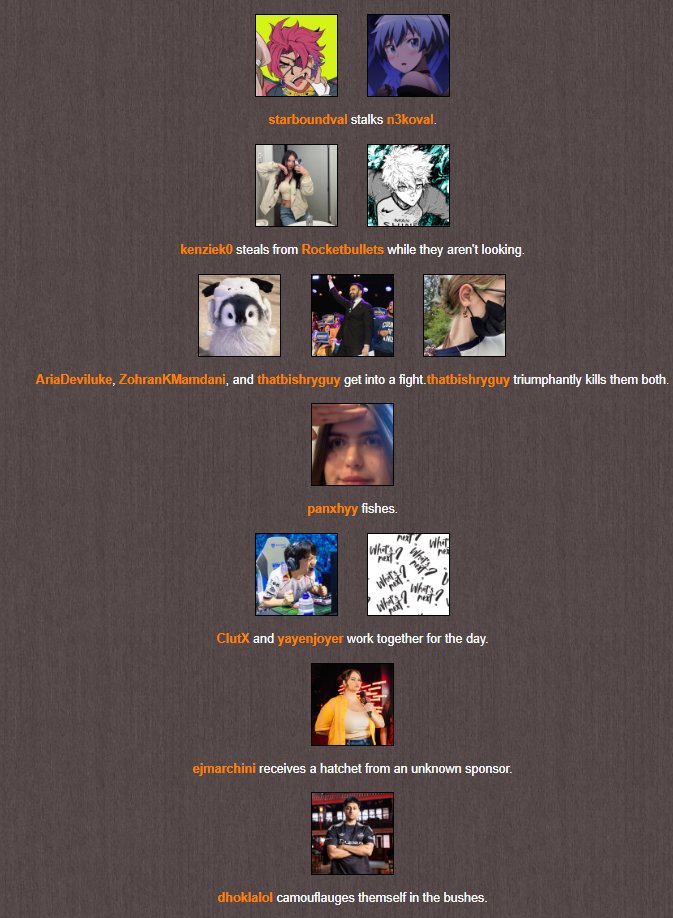 RyanG2B's tweet photo. Day 1 begins with our tributes scattered across the arena. Some highlights:

-dhokla thinks hes peeta
-a ranked 5stack has formed
-zekken and rav are bullies https://t.co/mxUIH6wEPy