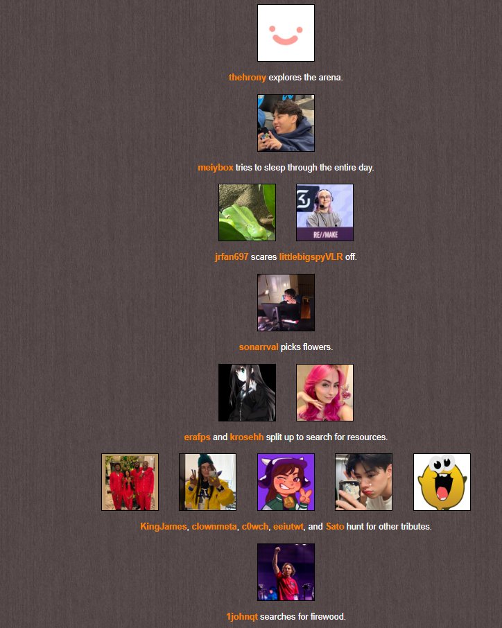 RyanG2B's tweet photo. Day 1 begins with our tributes scattered across the arena. Some highlights:

-dhokla thinks hes peeta
-a ranked 5stack has formed
-zekken and rav are bullies https://t.co/mxUIH6wEPy