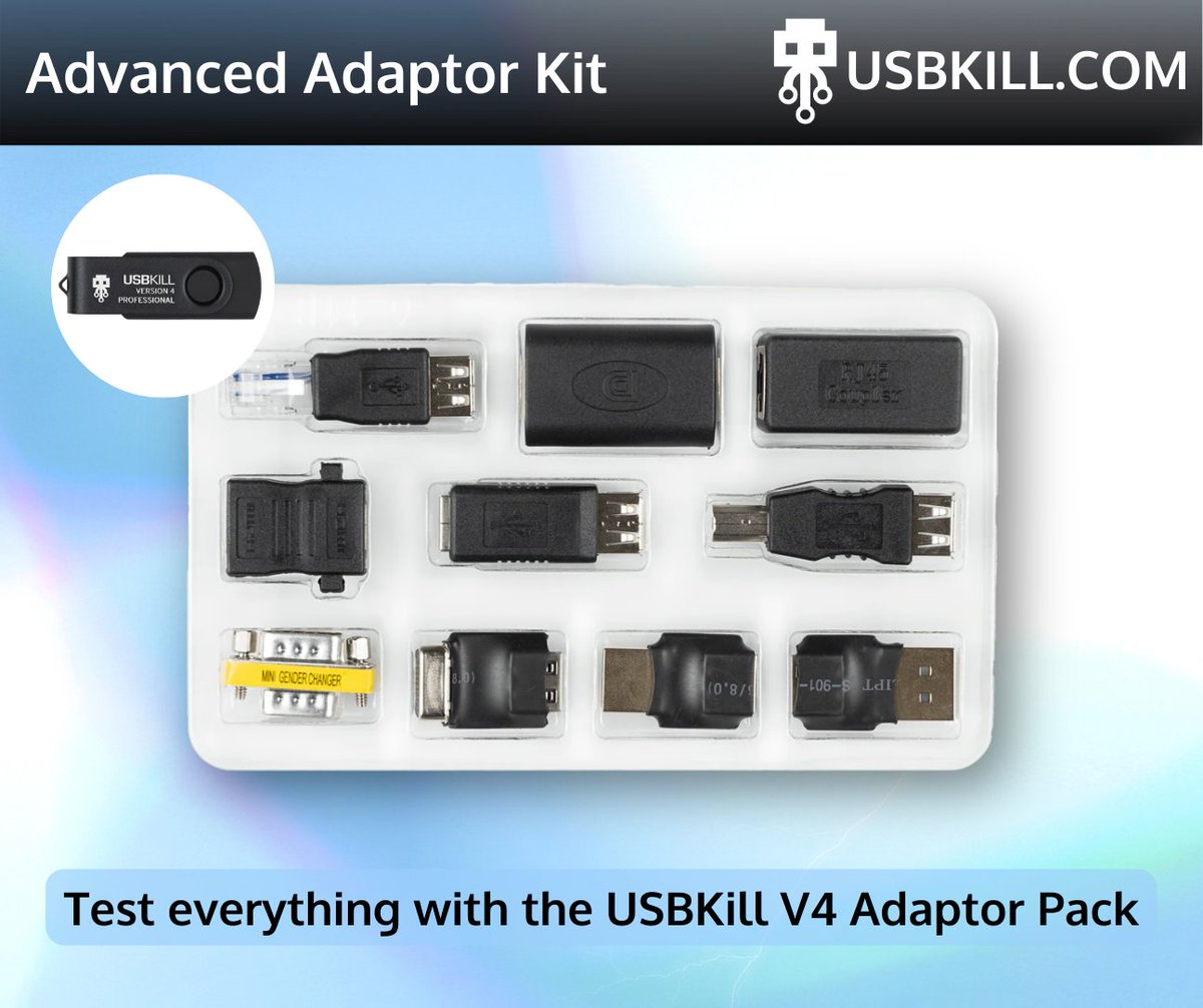 USBKill's tweet image. 📊 Test with confidence using USBKill V4’s Adaptor Kit. Tailored for every use case. 🛠️ l.usbkill.com/da7QM 
#HardwareTesting #USBKillV4 #USBKill #Pentesting #infosec #security #RedTeam