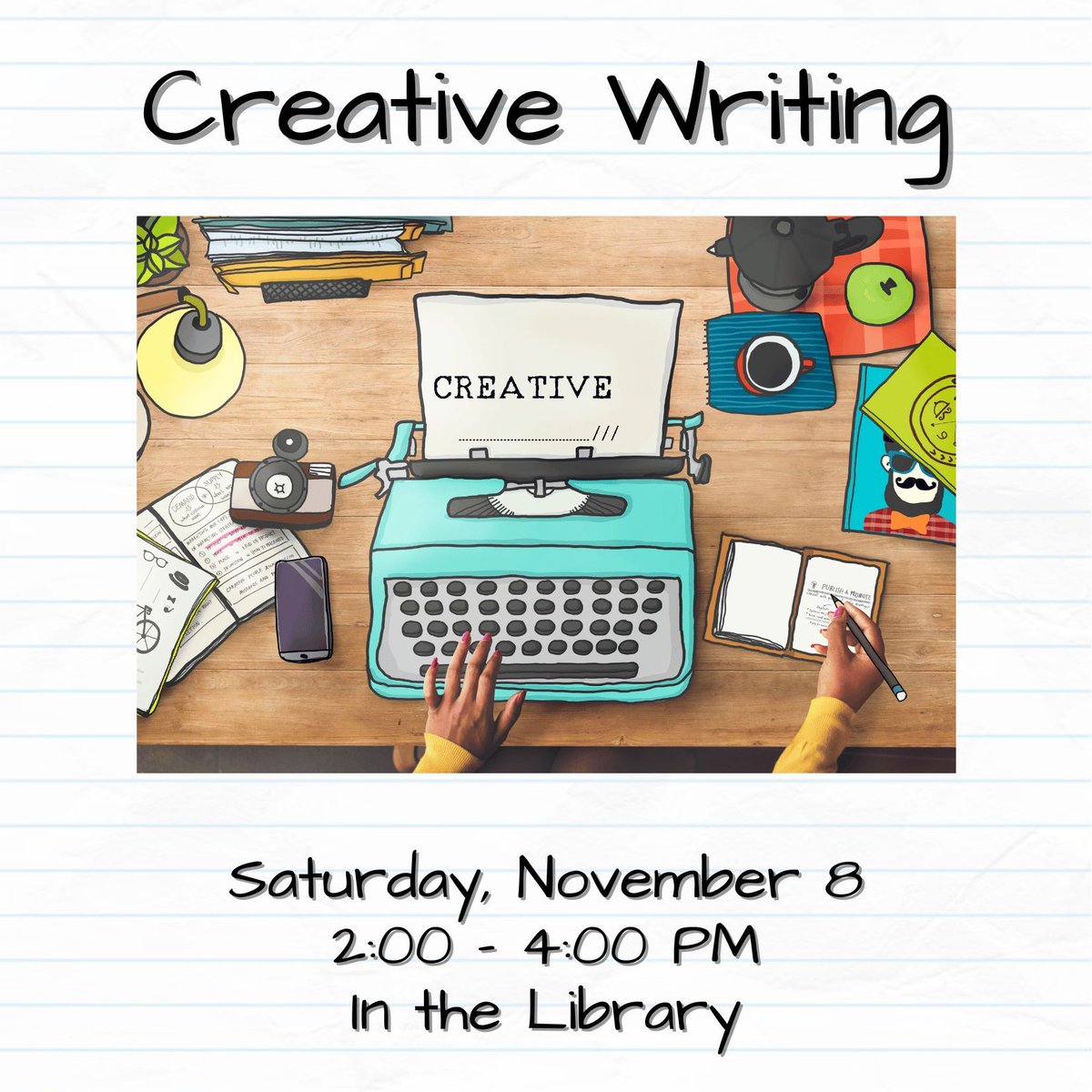 NSPLibrary's tweet image. ADULT IN PERSON PROGRAM
Creative Writing
Saturday, November 8, 2-4PM
You will be guided by stimulating Story Sparks, group discussion, and constructive feedback. Fact or fiction. Poetry or prose. Please register for each session date. buff.ly/zUYiHBl