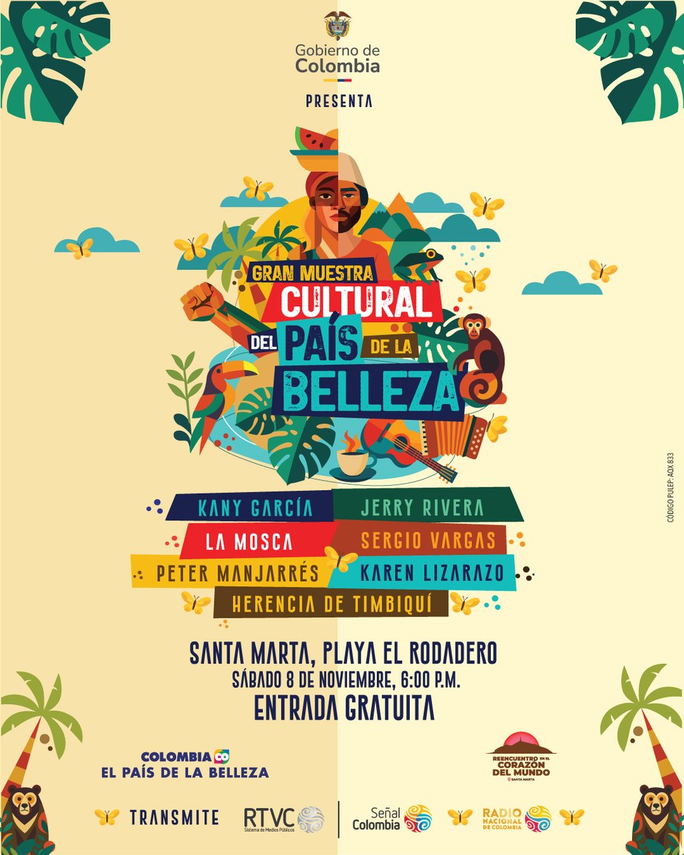#ColombiaEsCELAC 🇨🇴
El Gobierno de Colombia te invita a la Gran Muestra Cultural del País de la Belleza, para celebrar nuestra diversidad desde el Caribe colombiano.
🎟 Entrada gratuita
🗓 8 nov | 6:00 pm
📍 Playa El Rodadero, Santa Marta
📺 En vivo por <a href="/SenalColombia/">Señal Colombia</a> y <a href="/RadNalCo/">Radio Nacional CO</a>