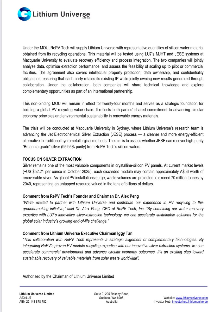 Stocksurfer_asx's tweet photo. #LU7🔥🔥
#Lithium_Universe signs MOU with Taiwan’s #RePV_Tech to advance #PV_recycling. Integrating delamination with our #MJHT & #JESE tech for high-purity “Britannia-grade” #silver recovery. https://t.co/f27JWjdwOS