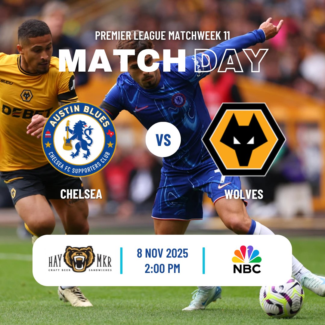 Join us at Haymaker to cheer on the Blues as they return home to face last-place Wolves. See you there!

📺: NBC
📅: Sat. 8 Nov 2:00pm
🏟: Stamford Bridge
📍: @haymakeraustin

Haymaker Drink Specials:
-🥃$4 WELLS
-🍺$4 WHITE TRASH CAN BEERS

​#CFC #ChelseaFC #AustinBlues #KTBFFH