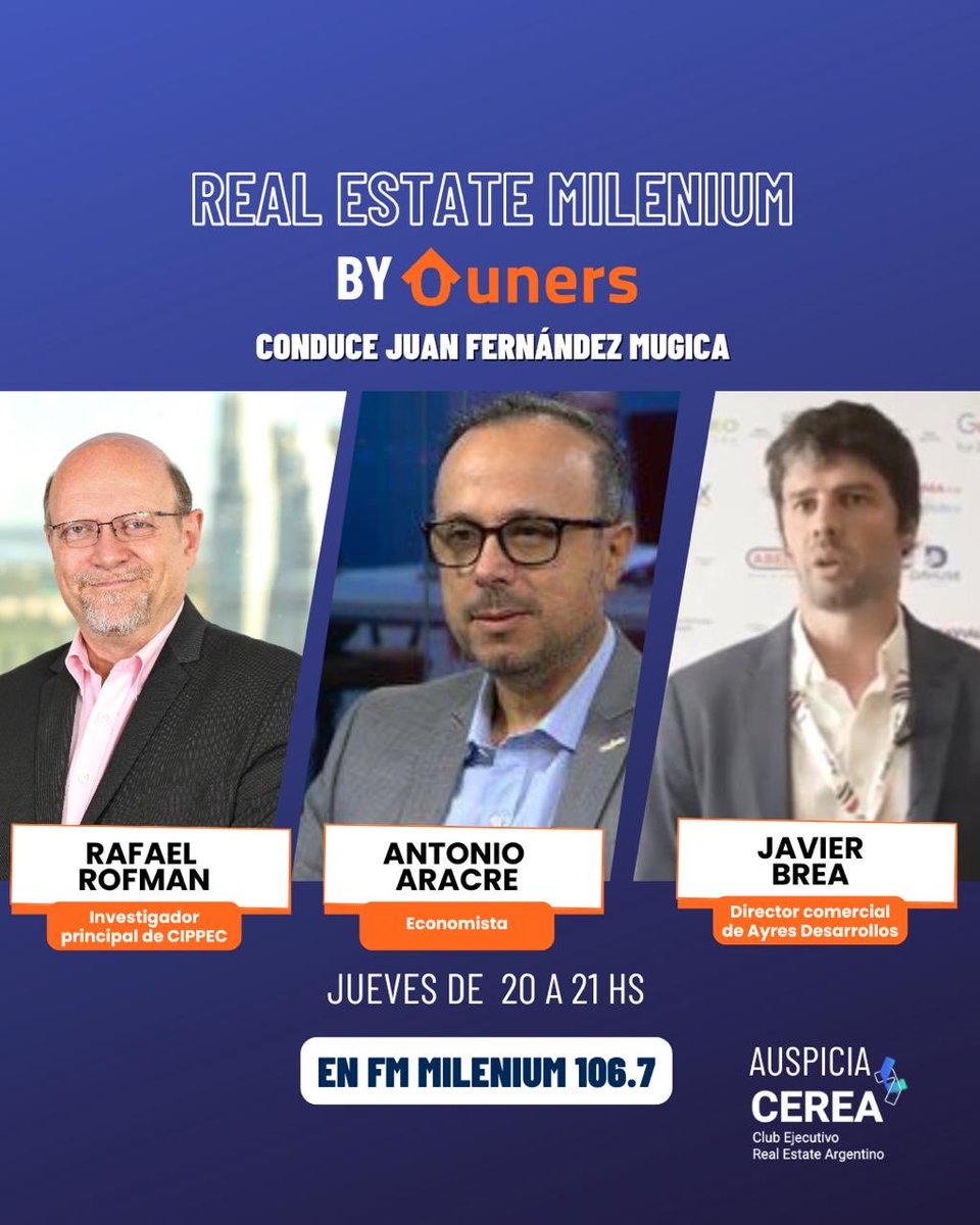 20 hs hora de escuchar Real Estate en ⁦<a href="/fmmilenium/">FM Milenium 106.7</a>⁩ con ⁦<a href="/tonyaracre/">Antonio Aracre</a>⁩, ⁦<a href="/rrofman/">Rafael Rofman</a>⁩ y el Gte comercial de Ayres Desarrollos, Javier Brea, la mejor info del sector