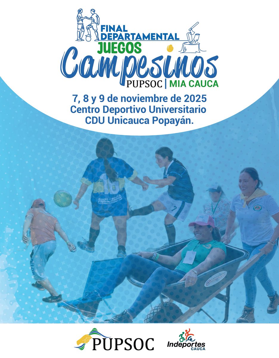 Juegos Campesinos Pupsoc MIA Cauca: Final Departamental 2025

Del 7 al 9 de noviembre se llevará a cabo la gran final departamental de los Juegos Campesinos del Cauca de la coordinación Pupsoc, en el Centro Deportivo Universitario (CDU) de la Universidad del Cauca, en la ciudad