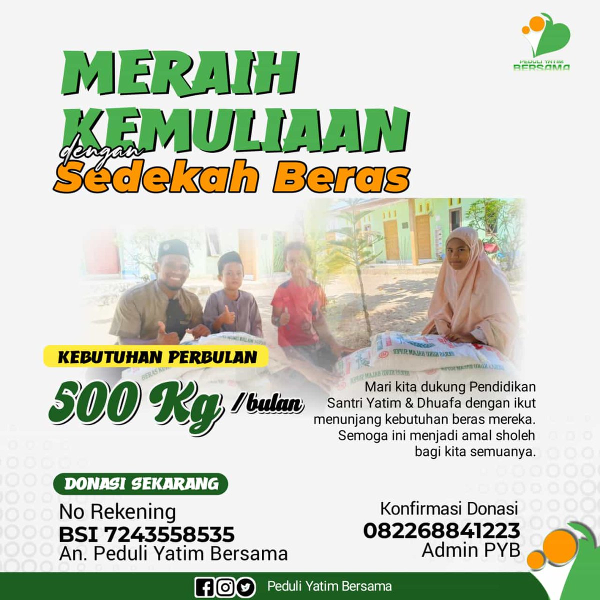 #JumatBerkah
Ada peluang berbagi kebaikan di Jum'at yang penuh berkah ini, kebutuhan pokok (beras) pesantren Tahfidz Darul Ma'rifah <a href="/PeduliYatimBrsm/">Peduli Yatim Bersama</a>
<a href="/HadaitFiman/">Ust Fiman Hadait Munthe🛜</a>
*Yuk! Berbagi Kebaikan!*
Rekening Donasi: 💳
BSI : 7243558535 ( peduli yatim bersama)