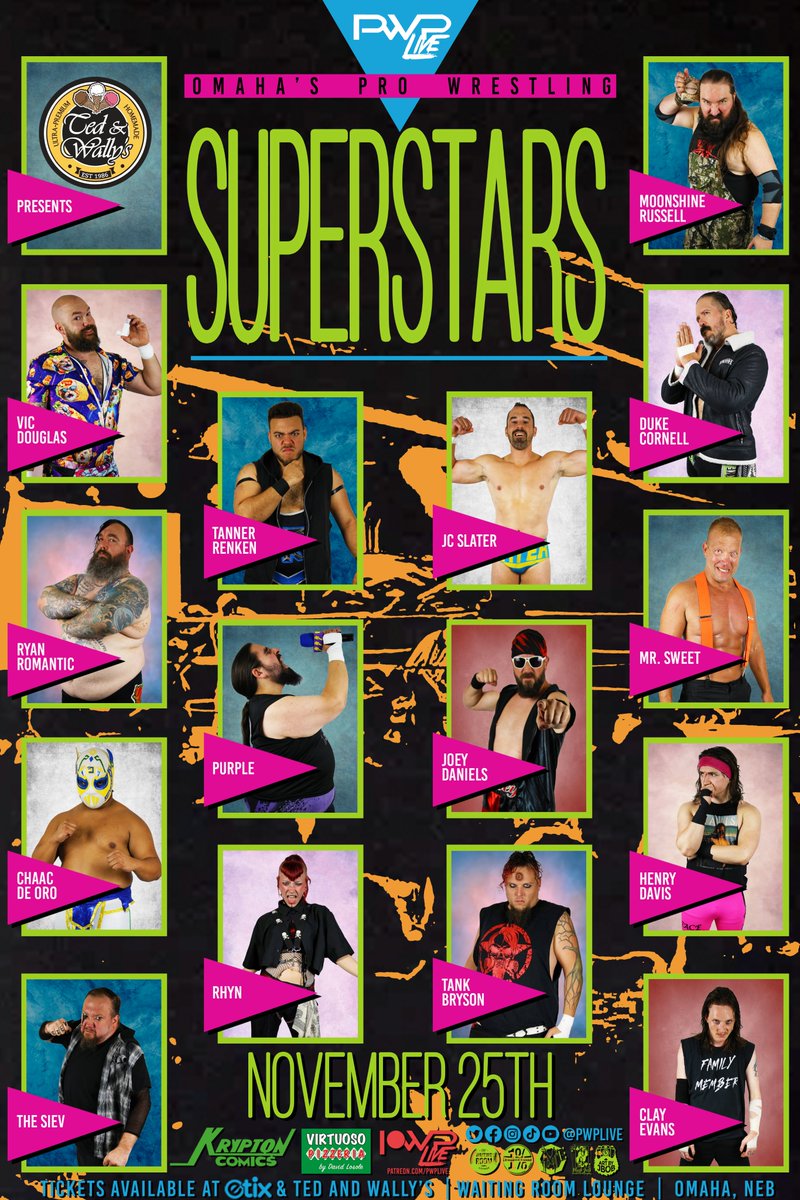 PWPLive's tweet image. PWP Superstars!

Tuesday November 25th LIVE at The @Waiting_Room in Omaha, NE!

Reserved tables, individual front row seats, and individual GA tix available here: etix.com/ticket/p/43274…

GA tix also at both @tedandwallys Ice Cream locations for just $10 cash while they last!