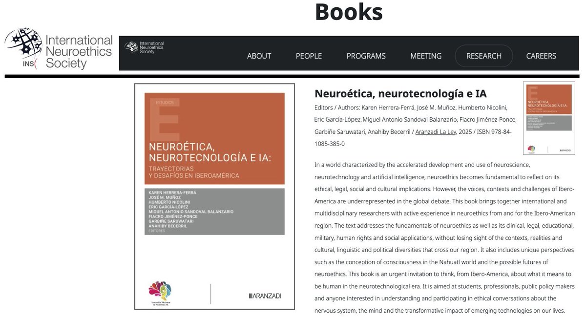 neuroethicssociety.org/books

"In a world characterized by the accelerated development and use of neuroscience, neurotechnology and artificial intelligence, neuroethics becomes fundamental to reflect on its ethical, legal, social and cultural implications."

#NewBook