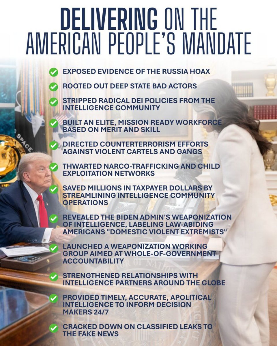One year ago today, the American people sent President Trump to the White House with a mandate to take back our country.

At ODNI, these are the HISTORIC results of <a href="/POTUS/">President Donald J. Trump</a>'s leadership

t.me/TheTulsiGabbard