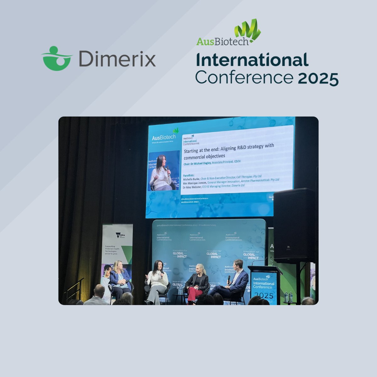 dimerixltd's tweet photo. $DXB CEO Dr Nina Webster joined two panels at @AusBiotech in Melbourne last month, “Starting at the end: aligning R&amp;D with commercial goals,” and "Asia Pac: The rising centre for major global biotech innovation", sharing @dimerixltd’s approach. Thanks #Ausbiotech and panellists. https://t.co/3lQ6r6bo9M