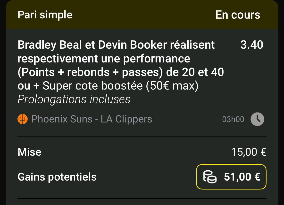 FastBreakTips's tweet image. #NBA 

🎯 CB Unibet :

Beal +19,5 pts/rebonds/passes
Booker +39,5 pts/rebonds/passes

@ 3,40 💰 0.75%

Beal au commande de l’attaque  sans les cadres des Clippers en plus d’être revanchard contre son ancienne équipe. Booker devrait faire du Booker.

#TeamParieur #FastBreakTips