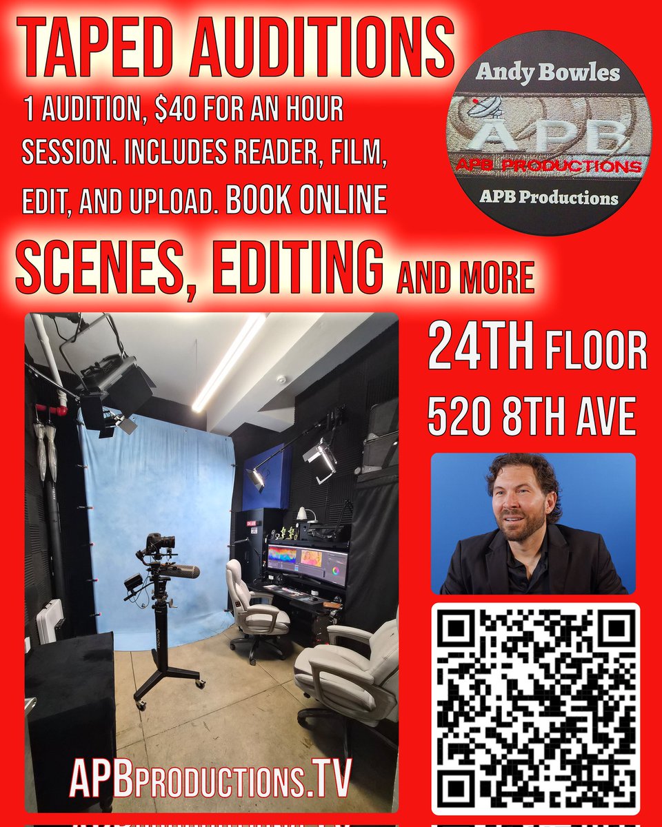 bowles_andy's tweet image. Need an audition taped! Check out APB Productions services. 
apbproductions.tv/services.html
.
.
#audition #auditions #auditioning #selftapes #selftape #nycactor #nycfilmmakers #nycfilm #casting #ActorsLife #ActorsReel #actor #actress