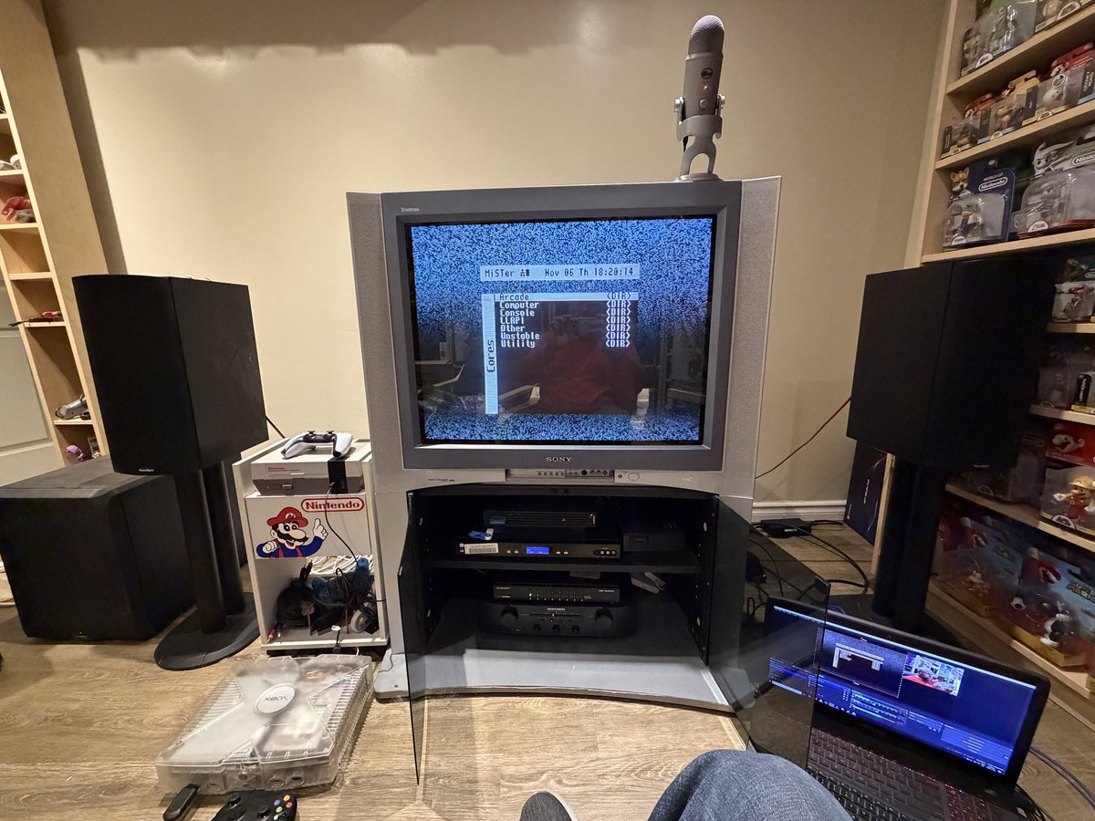 Finally. My CRT/streaming setup is alive again. Mister. Xbox with component and hdmi. Ps2 with <a href="/HDRetrovision/">hdretrovision</a> cables and <a href="/PixelFXco/">Pixel FX</a> Gem. HDMI switch. Component switch. Everything is capturing properly. Sony310 crt. Marantz 6007 amp. Paradigm speakers/sub. Let’s stream again!