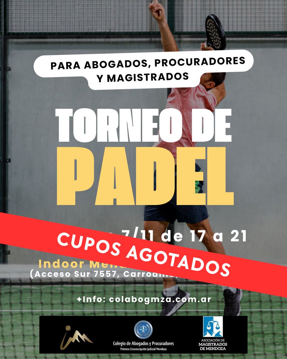 ¡Cupos agotados para el Torneo de Pádel para abogados! Los esperamos para compartir una gran jornada 🏓

🗓️ Viernes 7 de noviembre
🕐 17 hs (puntual)
📌 Indoor Mendoza Pádel Center (Acceso Sur 7557, Luján de Cuyo)