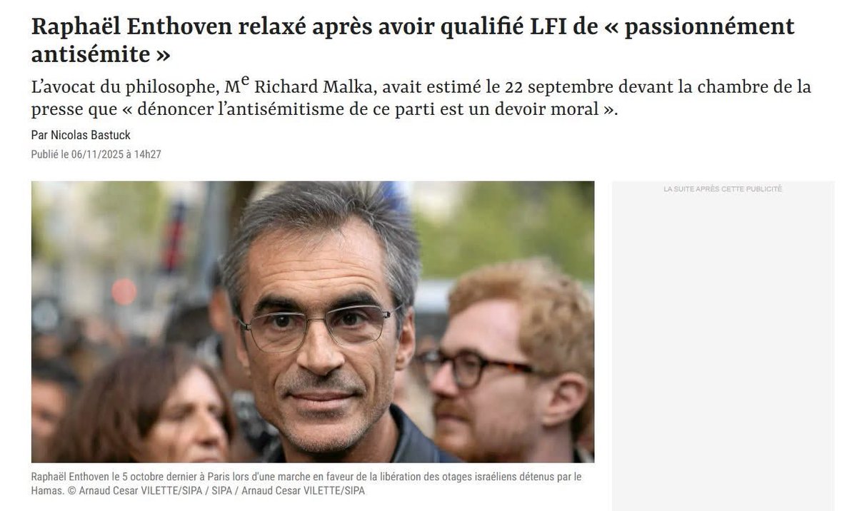 les masques tombent !
C'est officiel et légal de le dire : <a href="/JLMelenchon/">Jean-Luc Mélenchon</a>  avec les membres de sa secte insoumise sont donc un parti antisémite ! 
Qui ça étonne ? Des années qu’on le savait ! Et bravo <a href="/Enthoven_R/">Raphaël Enthoven</a>  poursuivit en justice par la meute infâme qui vient de tte relaxe