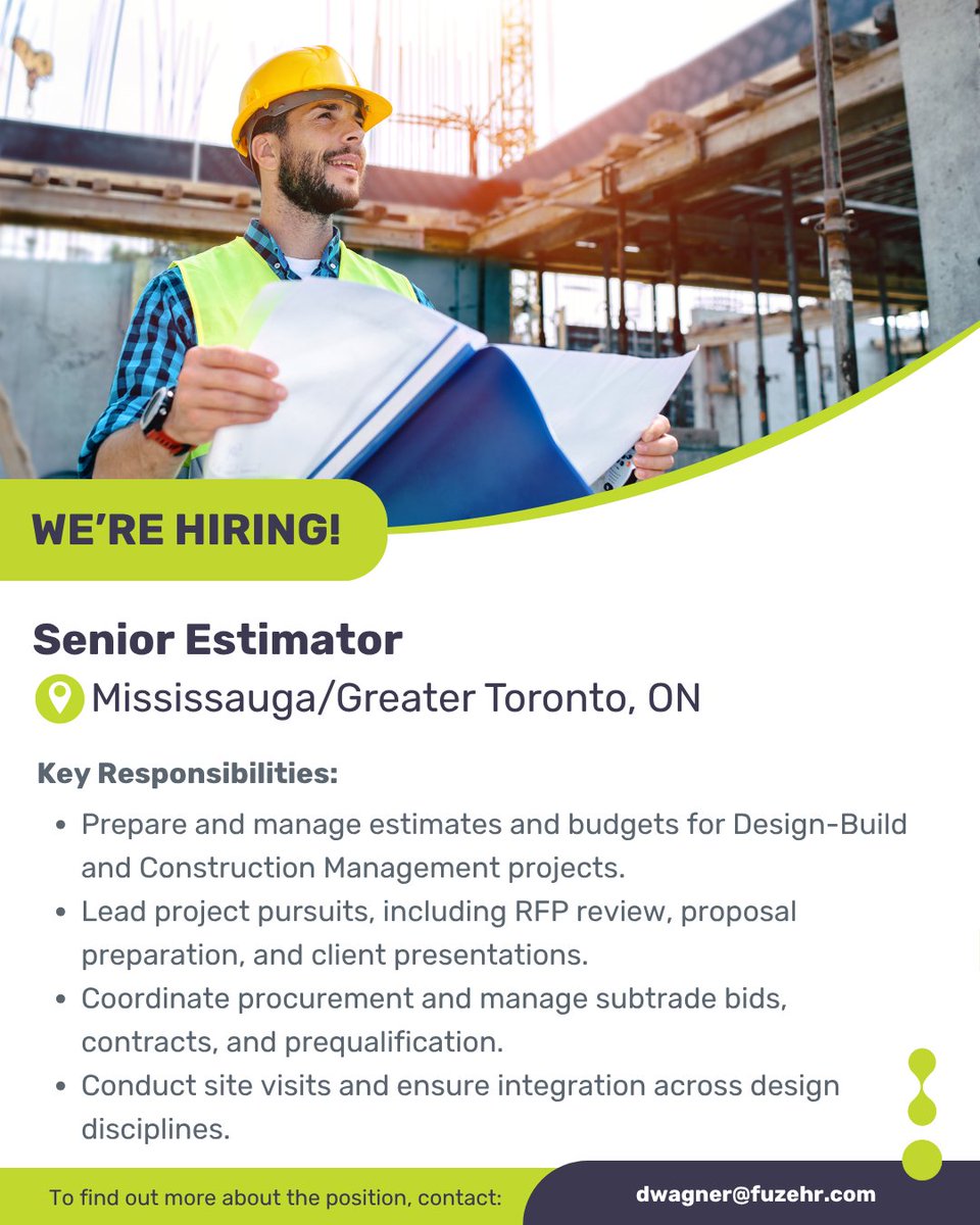FuzeHR's tweet image. Now Recruiting: Senior Estimator Construction in Mississauga / Greater Toronto Area!

🔗 Click here to view full details: ow.ly/kXLP50Xmfei
📧 Contact us today: dwagner@fuzehr.com

#Estimator #SeniorEstimator #BurlingtonJobs #ProjectManagemen #FuzeHR