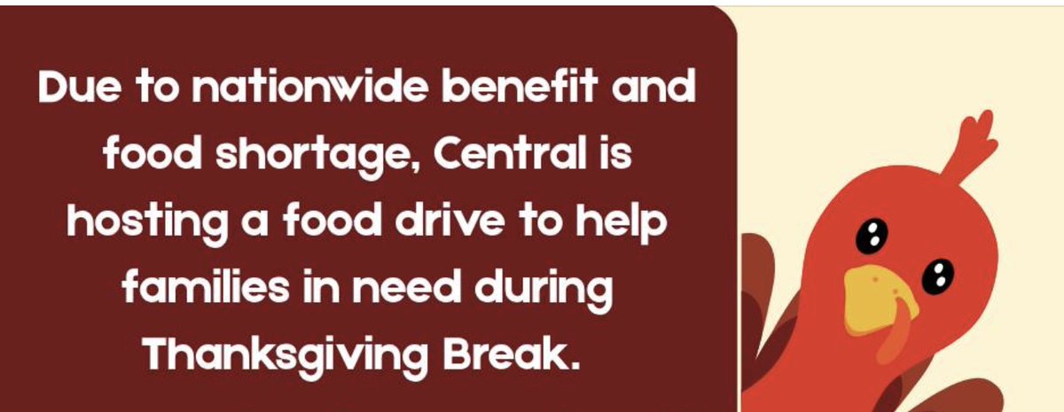 We’re collecting nonperishable food items to create boxes of food to send home with students over Thanksgiving break.
These items will help sustain our students and their families while school is closed for the holiday.
#nokidhungry #bluecrew #clearthelist
tinyurl.com/Centralfood
