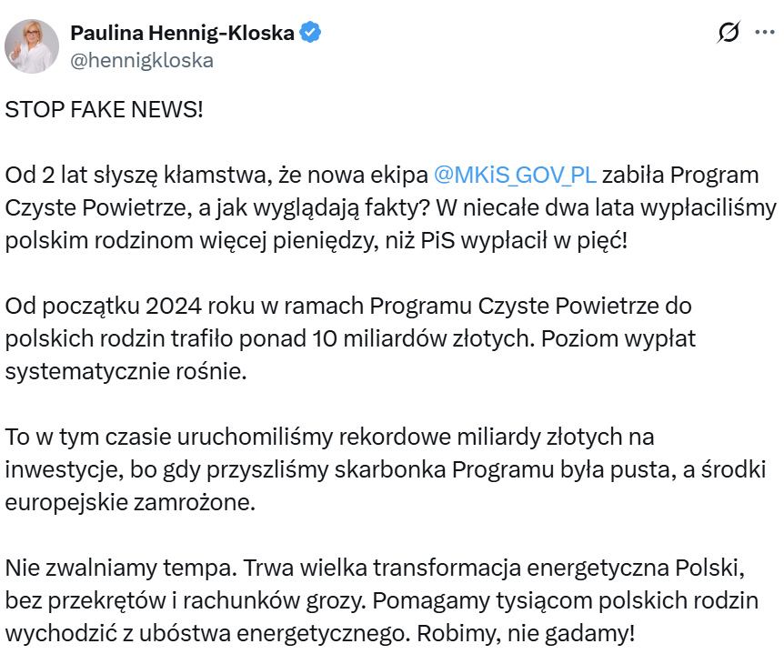 Pisanie o sukcesie programu Czyste Powietrze przez przedstawicielkę rządu, która doprowadziła do upadku tego programu to zwykła bezczelność.

Fakty są takie: Program szoruje po dnie. Liczba wniosków składanych do programu Czyste Powietrze jest czterokrotnie mniejsza niż przed