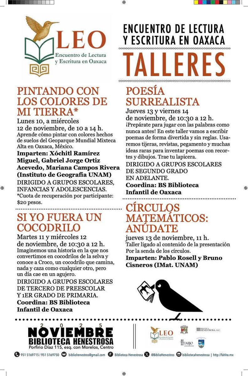 Les compartimos la cartelera del #EncuentroLeo que está a realizarse la próxima semana en la Biblioteca Henestrosa. 
#FAHHporMéxico 
#EncuentroLeo
<a href="/FundacionAHHO/">Fundación Alfredo Harp Helú Oaxaca</a>