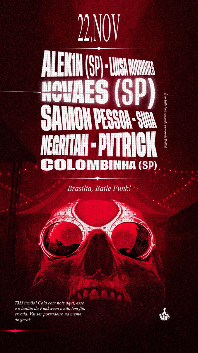 A edição 2025 da Funkween está se aproximando — O rolê acontece dia 22/11, às 21h. Nosso time de DJ's já está completo, tocando 12h de muito funk e suas vertentes.

📍Local: Em breve (Brasília - DF) 

Ingressos disponíveis: cheers.com.br/evento/funkwee…