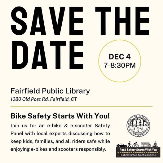 Come hear from the Fairfield Police Dept. about the rules of the road, the Fairfield Fire Dept. about proper storage and charging of lithium batteries, the Fairfield Bicycle &amp; Pedestrian Cmte. about how to ride responsibly, and ER physicians with advice about preventing injuries.