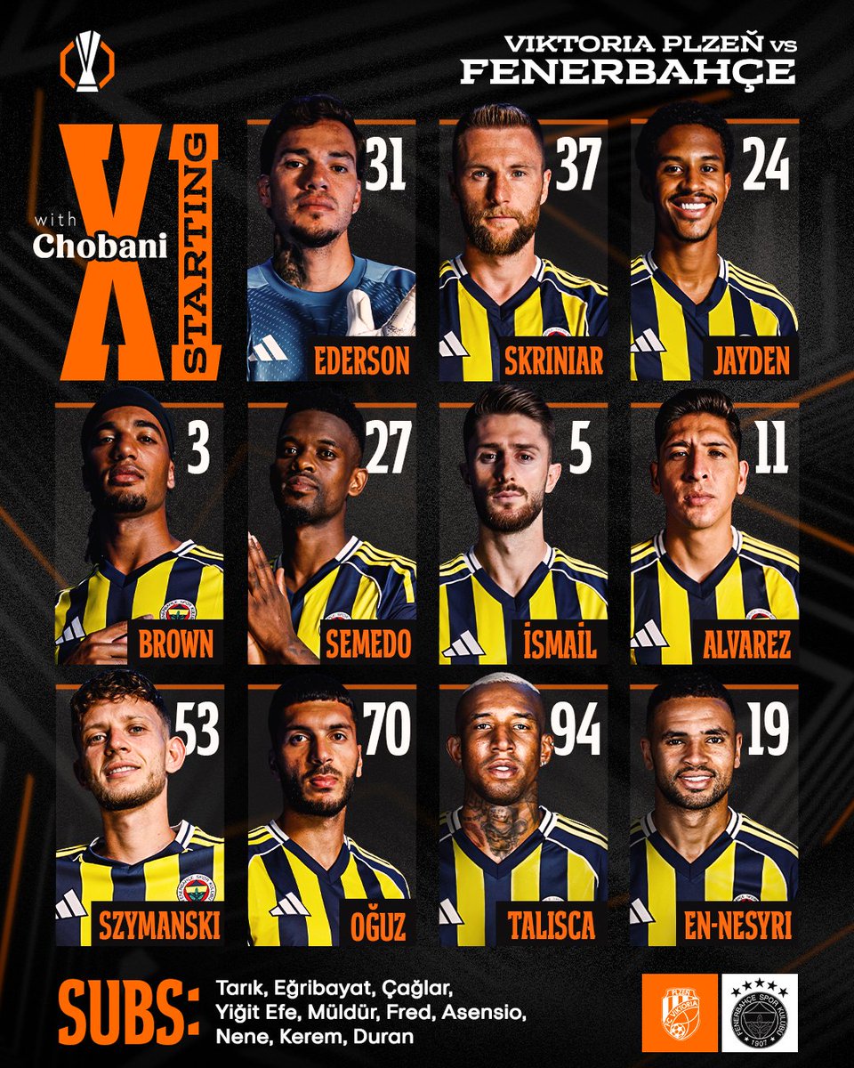 📋 Viktoria Plzen maçı ilk 11'imiz belli oldu.  

#UEL #VPvFB