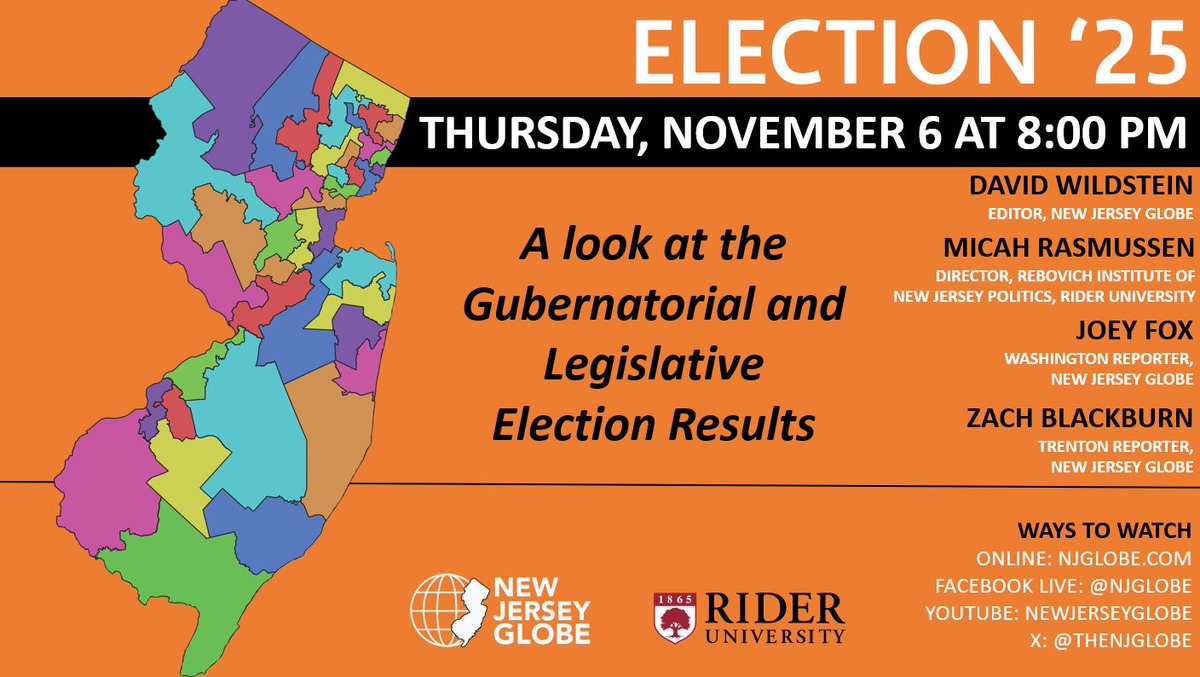 Coming up tonight at 8 PM: the <a href="/TheNJGlobe/">New Jersey Globe</a> livestream to discuss the results of the 20025 election with Micah Rasmussen, Joey Fox, and Zach Blackburn.