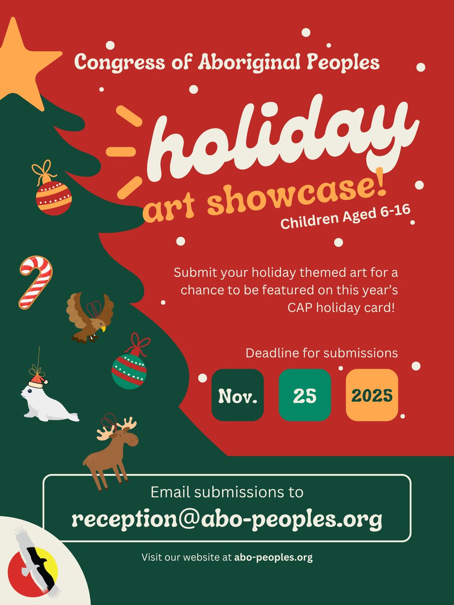 CongAboPeoples's tweet photo. The Congress of Aboriginal Peoples (CAP) is inviting Indigenous Youth to submit holiday themed artwork for a chance to be featured on this year’s CAP Holiday Card.❄️

📅 Deadline: November 25, 2025
👧🏽 Eligibility: Ages 6–16 &amp; PTO Member
📧 Submit: reception@abo-peoples.org https://t.co/OAyT90g6SC