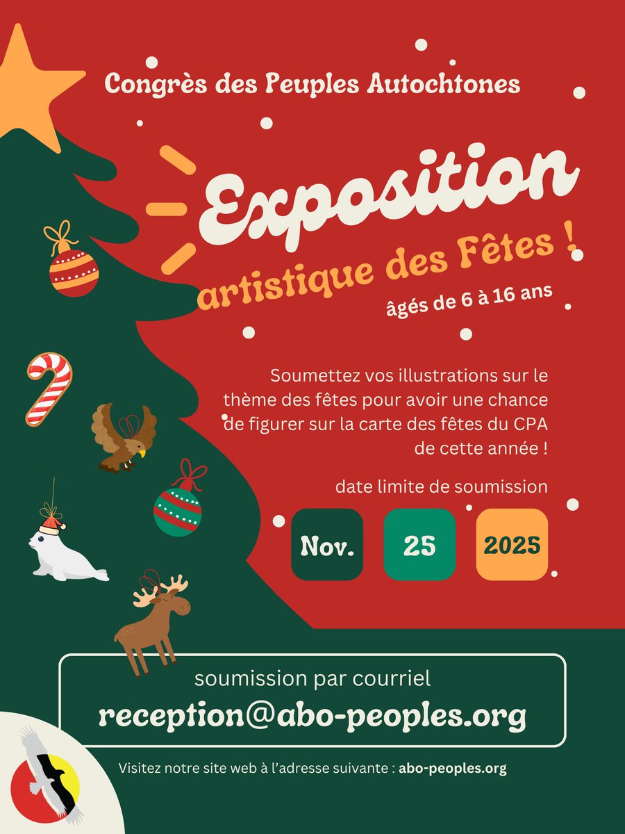 CongAboPeoples's tweet photo. The Congress of Aboriginal Peoples (CAP) is inviting Indigenous Youth to submit holiday themed artwork for a chance to be featured on this year’s CAP Holiday Card.❄️

📅 Deadline: November 25, 2025
👧🏽 Eligibility: Ages 6–16 &amp; PTO Member
📧 Submit: reception@abo-peoples.org https://t.co/OAyT90g6SC