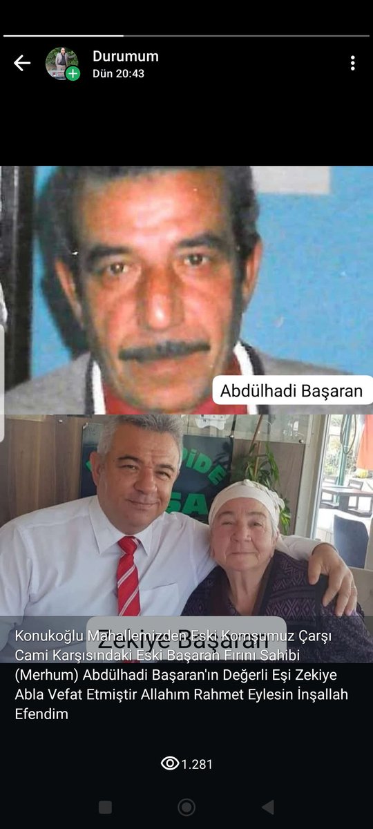 Konakoğlu Mahallemizden Eski Komşumuz Büyük Cami Karşısında Eski Başaran Pide Fırını Sahibi (merhum) Abdülhadi Başaran'ın Değerli Eşi Tuba, Banu, Haluk ve Mehmet Ali Başaranın Değerli Anneleri Zekiye Başaran Vefat Etmiştir Allahım Rahmet Eylesin İnşallah Efendim <a href="/yunuskorkmazz01/">Yunus Emre Korkmaz 🇹🇷</a>