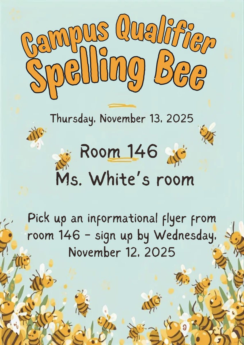 Hey Bulldogs, are you interested in the Spelling Bee? Stop by Ms. White’s room to grab an informational flyer by 11/12!