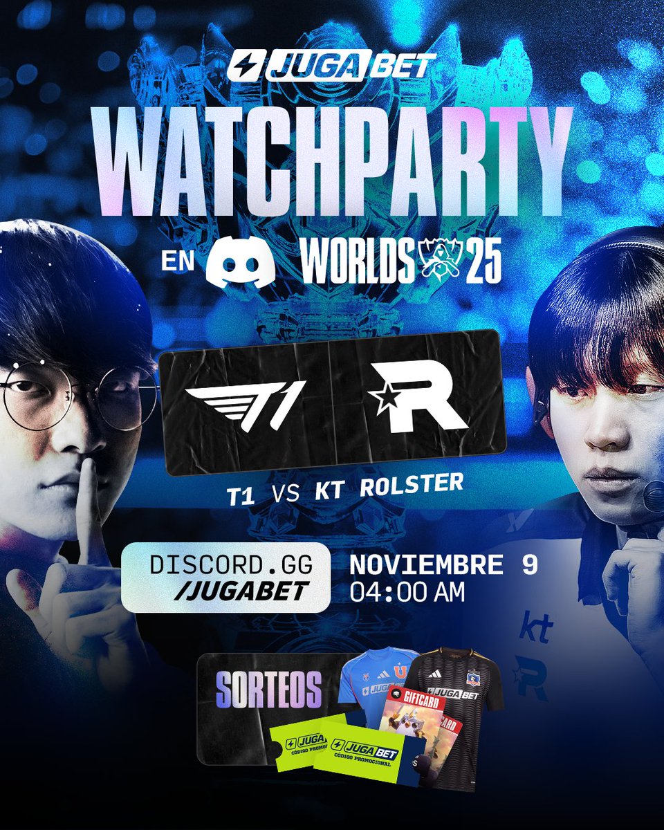 WATCH PARTY WORLDS 2025 con JUGABET

Veremos EN VIVO a T1 vs KT Rolster y viviremos juntos toda la emoción de esta final épica

📅 9 de noviembre
⏰  AM
📍discord.gg/jugabet

🎁 ¡Habrá muchos premios para quienes participen! Podrás ganar FreeBets, Riot Points o entrada.
