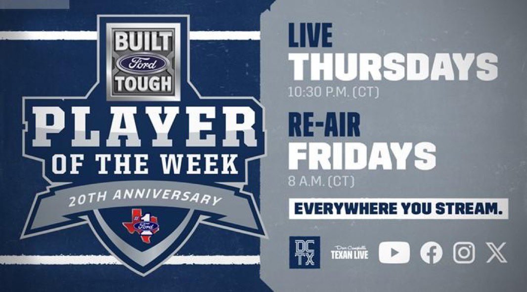 Congratulations! <a href="/LegendBey7/">Legend Bey</a> of <a href="/NFHS_TrueNorth/">North Forney HS</a> has been selected as the Week 10 6A Built Ford Tough Player of the Week and will be featured on the Built Ford Tough Player of the Week Show tonight at 10:30 PM live on the DaveCampbell’s Texan Live! (TexanLive.com). #WAWG