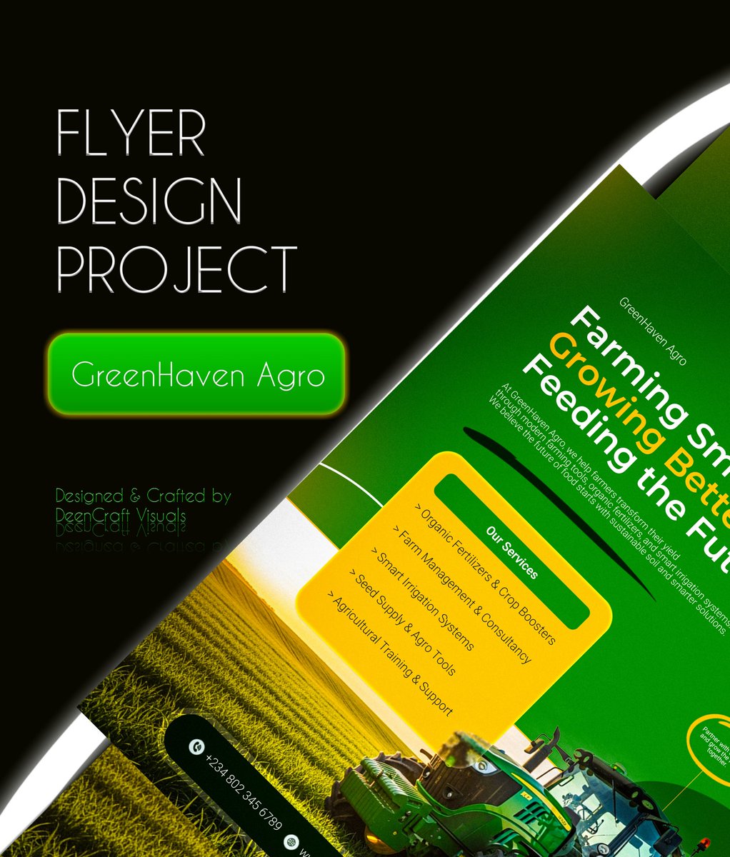 DVisuals01's tweet photo. For GreenHaven Agro, I crafted a flyer that blends innovation + nature, using warm greens, golden tones, and clean hierarchy.
Hire me today 🚀 🎩
I help brands upgrade how they’re seen and felt online 🤩
Thoughts on this direction? 👇🏽
#AgroDesign #BrandDesign #DeenCraftVisuals https://t.co/UIMPMmJIvB