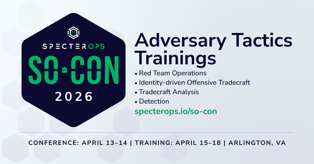 SpecterOps's tweet image. Attackers don’t exploit tools—they exploit identities. Learn how to defend where it matters. Join operators and defenders for one of our hands-on training courses at #SOCON2026.

In-person attendees also receive a free conference pass. Save your spot ➡️ ghst.ly/socon-2026