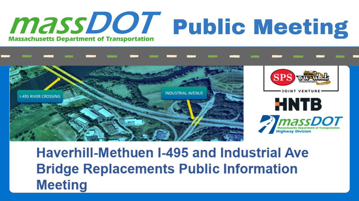 MassDOT's tweet image. On 11/13, at 6:00PM, #MassDOT will hold an in-person public information meeting to discuss the #Haverhill- #Methuen I-495 and Industrial Ave Bridge Replacements project.

Location: Haverhill City Hall, Room 301, 
4 Summer Street, Haverhill

ℹ️mass.gov/event/haverhil…