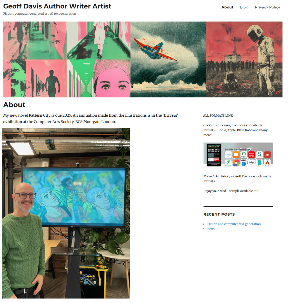 VISIT NEW site for my fiction PATTERN CITY new novel 2025. Animation from the illustrations, in exhibition Computer Arts Society London til April 2026. Link in comment. Exhib photo credit Catherine Mason #computerartssoc #videoart #fiction #geoffdavisukart #authorgeofdavis #aiart