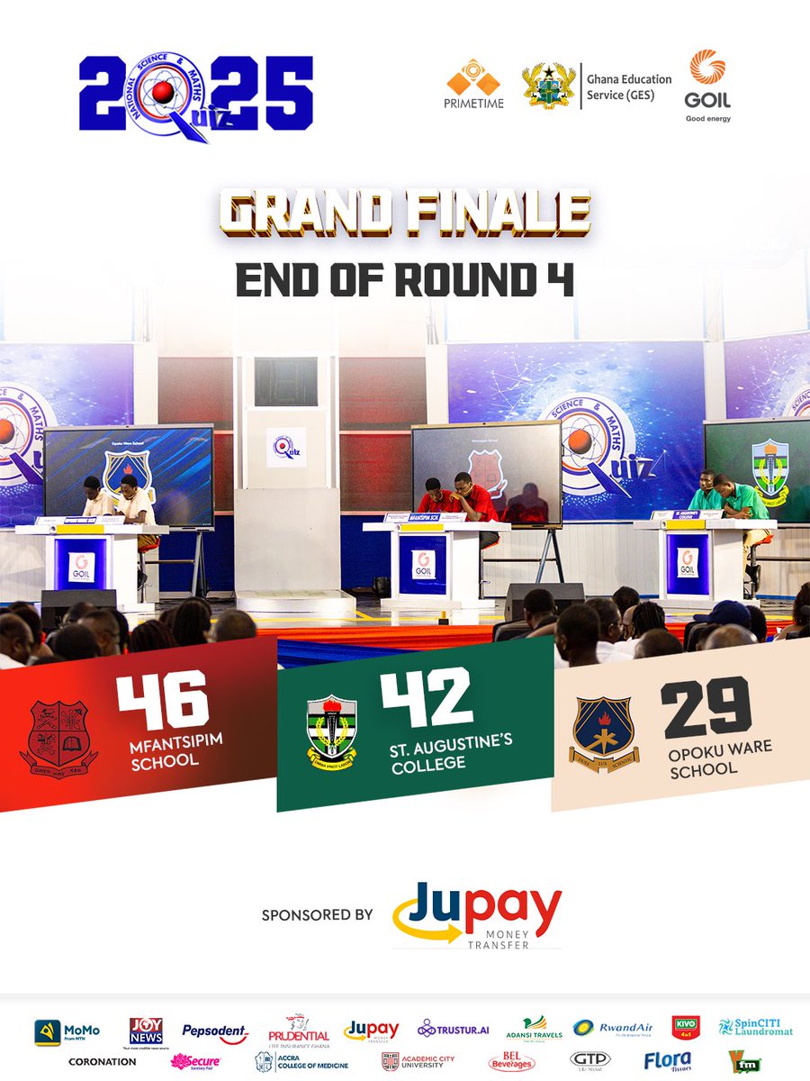 NSMQGhana's tweet photo. End of Round 4.

Next is the @GOIL_Official Riddle Bonanza.

#NSMQ2025 #NSMQGrandFinale #Primetime https://t.co/tK9Hngw0Ht