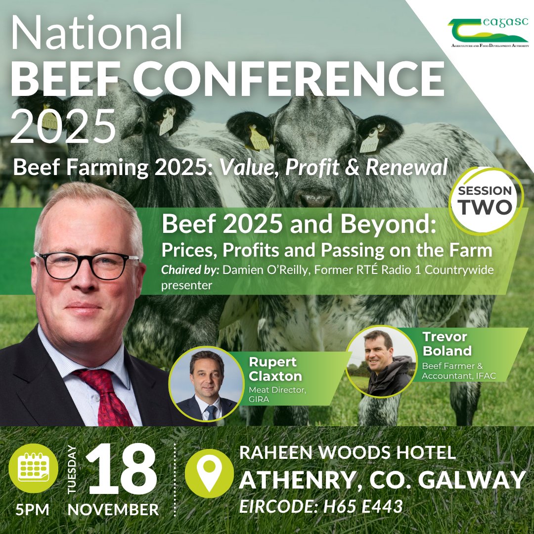 Session Two of the National Beef Conference, which takes place on 18 November focuses on Beef 2025 and Beyond: Prices, Profits and Passing on the Farm and will be chaired by <a href="/DamienOhReilly/">Damien O'Reilly</a>.   
Find out more teagasc.ie/beefcon25
#BeefCon25 <a href="/TeagascBeef/">Teagasc Beef</a> <a href="/ifac_ireland/">ifac</a> <a href="/BunnaAgri/">Trevor Boland 🐮 Bunna Agri</a>