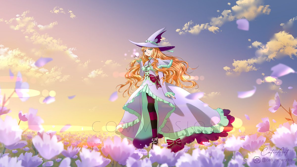 Another commission, for this one I tried to create a scenery that matches the colours of the original character. I specially loved drawing her wavy hair and the flowers!🌺