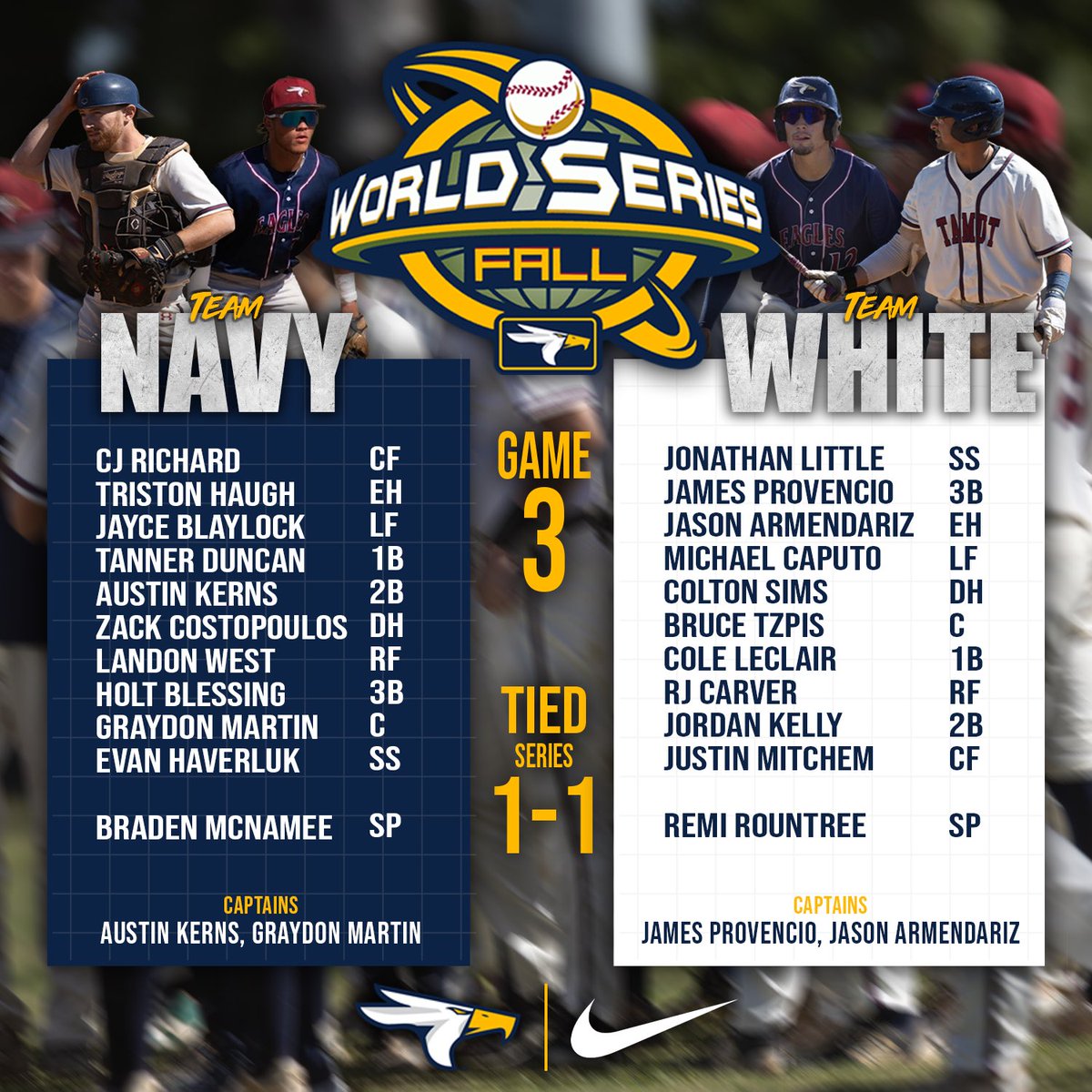 Game 3 is lined up to be a good one as Braden McNamee &amp; Team Navy take on Remi Rountree &amp; Team White today

🆚: Team Navy vs Team White 
🍁: Game 3 of the Fall World Series  
📅: TODAY - Thursday, November 6th
⏰: 3:20 pm
📍: Texarkana, TX
🏟️: George Dobson Field
🎟️: Free

🦅🦅🦅