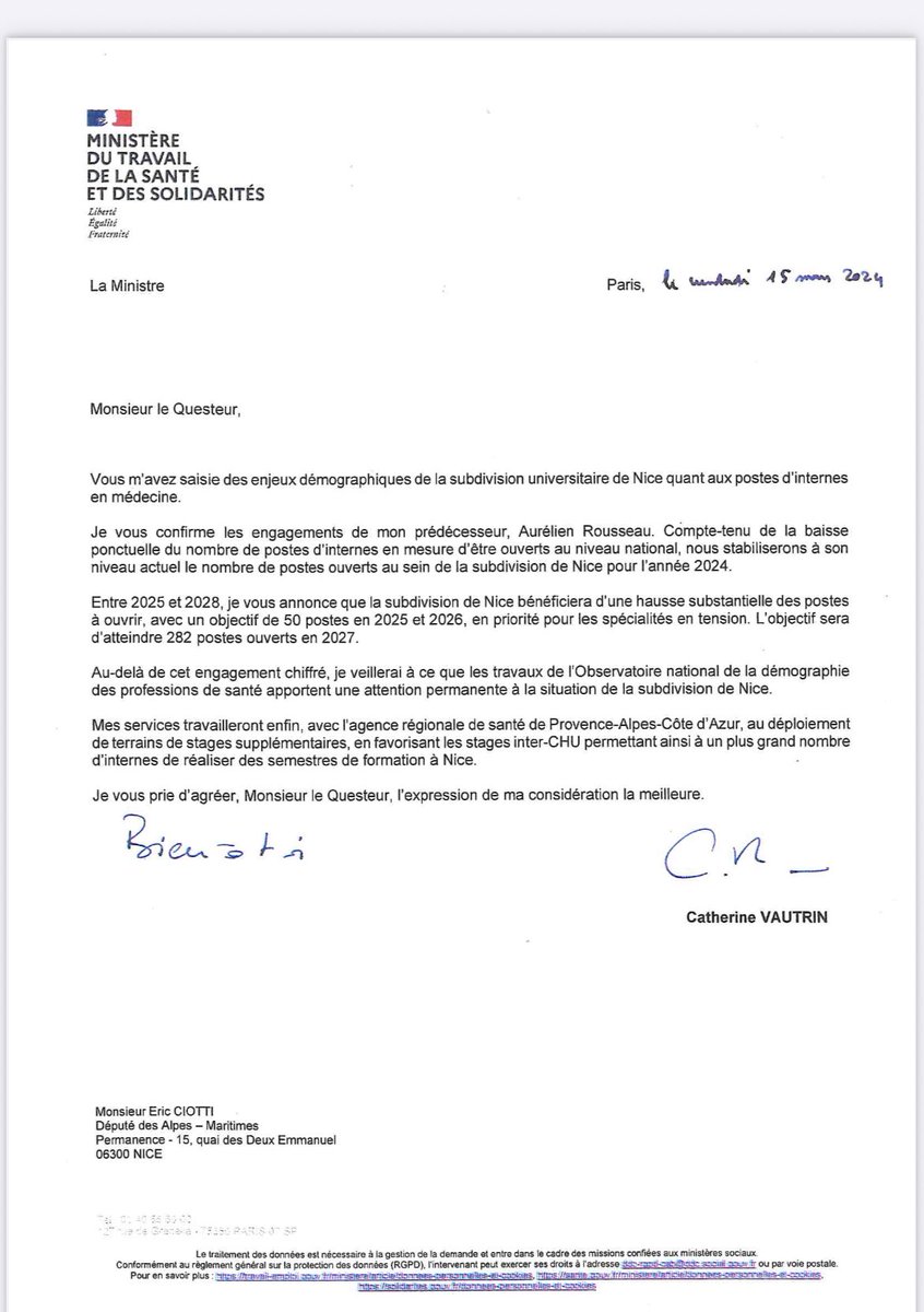 Grâce à mon intervention auprès du ministère de la Santé, 150 postes d’internat ont été prévus pour la faculté de médecine de Nice entre 2025 et 2028.
Mais à ce jour, seuls 17 ont été effectivement ouverts.
Je demande que les engagements du gouvernement soient tenus intégralement