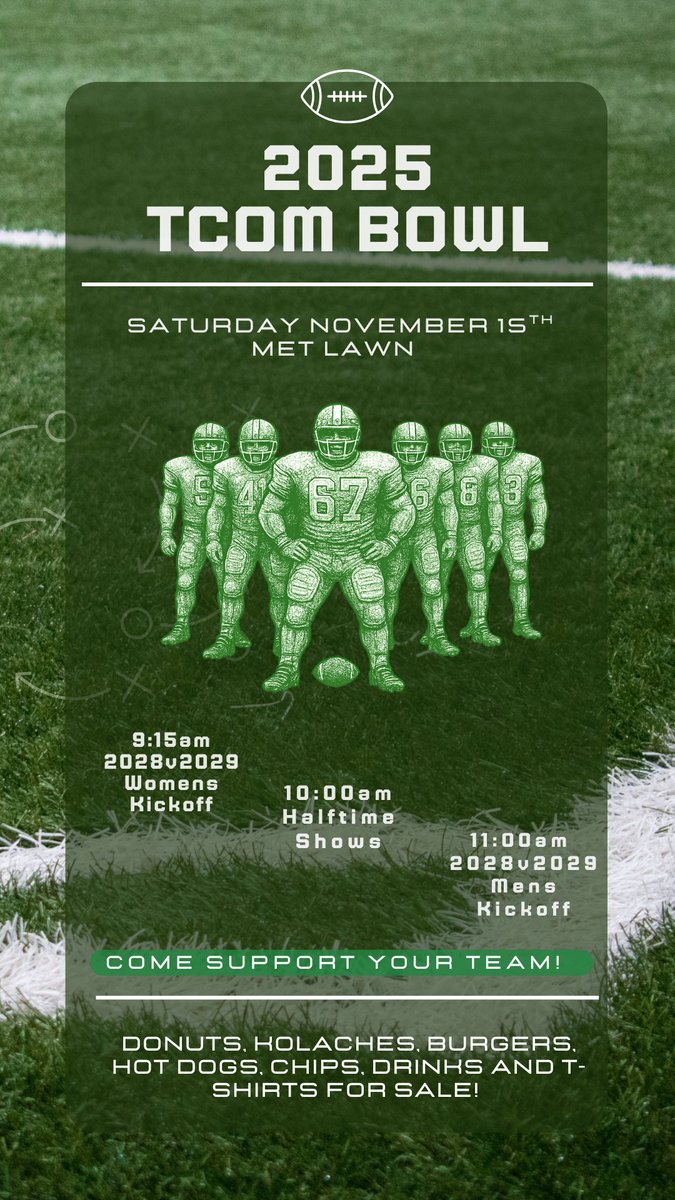 UNTHealth_TCOM's tweet image. Four teams, two champions. See you next Saturday! #tcombowl
🏆TCOM Bowl
📅Saturday, November 15
⏰9:15 a.m. women&apos;s game
⏰10:00 a.m. halftime show
⏰11:00 a.m. men’s game
📍MET Lawn