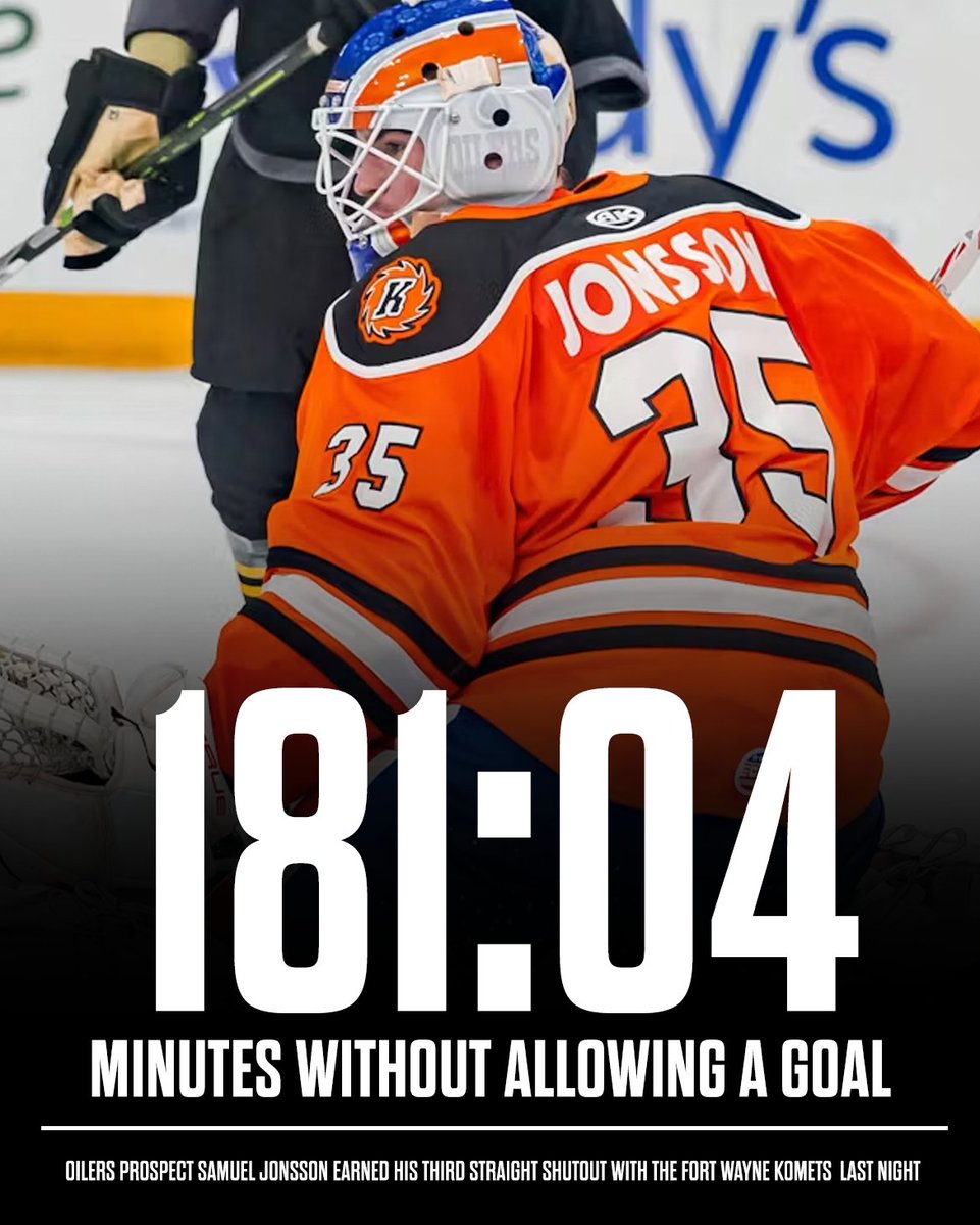 OilersNation's tweet photo. Maybe it's time to make a trip to Fort Wayne to watch Oilers prospect Samuel Jonsson because he's been a wall for them recently. 

He's currently 4-0-0 with the Komets, sporting a 1.25 GAA and a 945 SV%. https://t.co/7ZjAdFA9M4